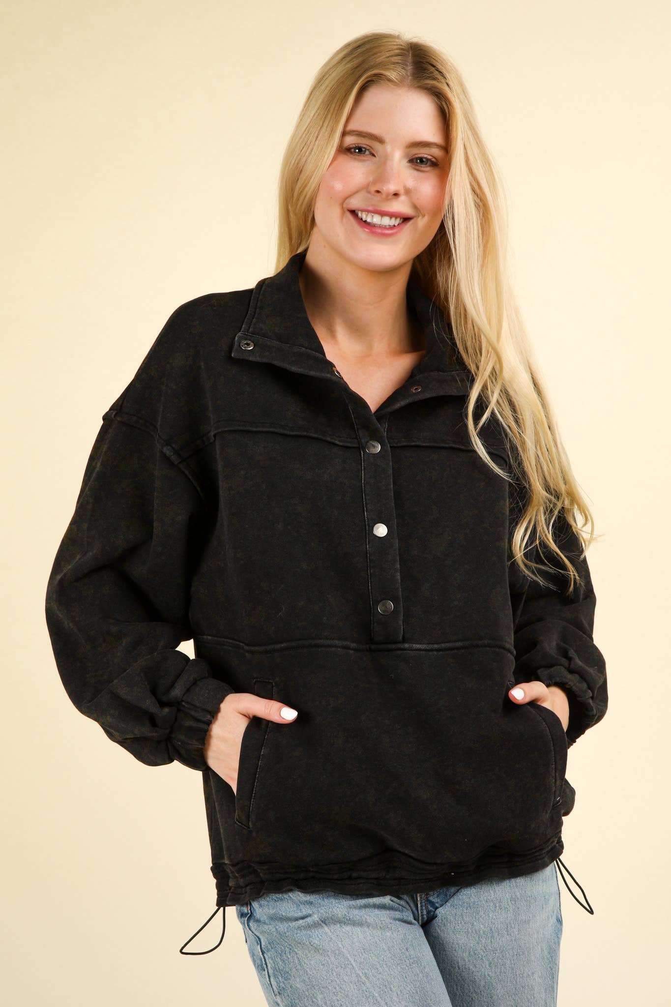NT11902-Mineral Washed Button Down Knit Sweatshirt Top: DENIM / S-M-L/2-2-2