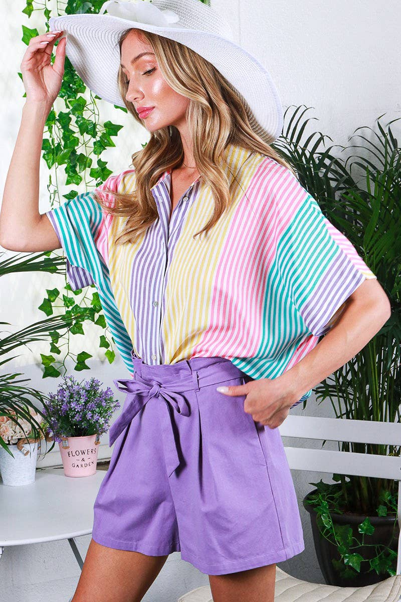 Short sleeve stripe blouse top VT81625A: L / Multi