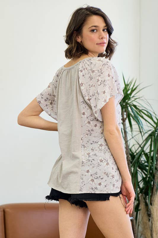 Mixed Media Ruffle Sleeve Top With Raw Edge Seams - 15159T-1: S / Peach Blossom