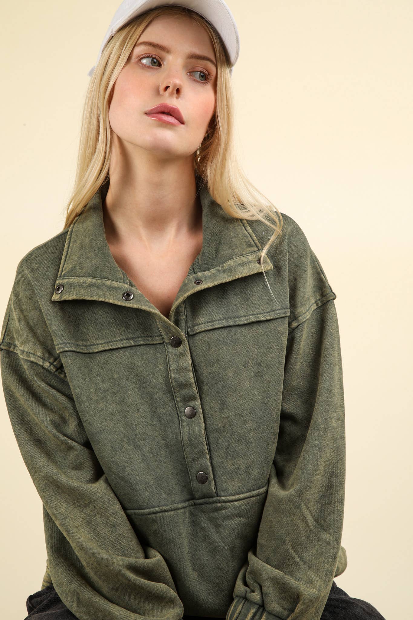 NT11902-Mineral Washed Button Down Knit Sweatshirt Top: DENIM / S-M-L/2-2-2