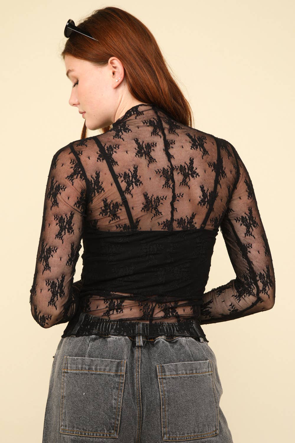 NT11909-High Neck Fitted Sheer Mesh Lace Knit Top: FLORAL BLACK / S-M-L/2-2-2