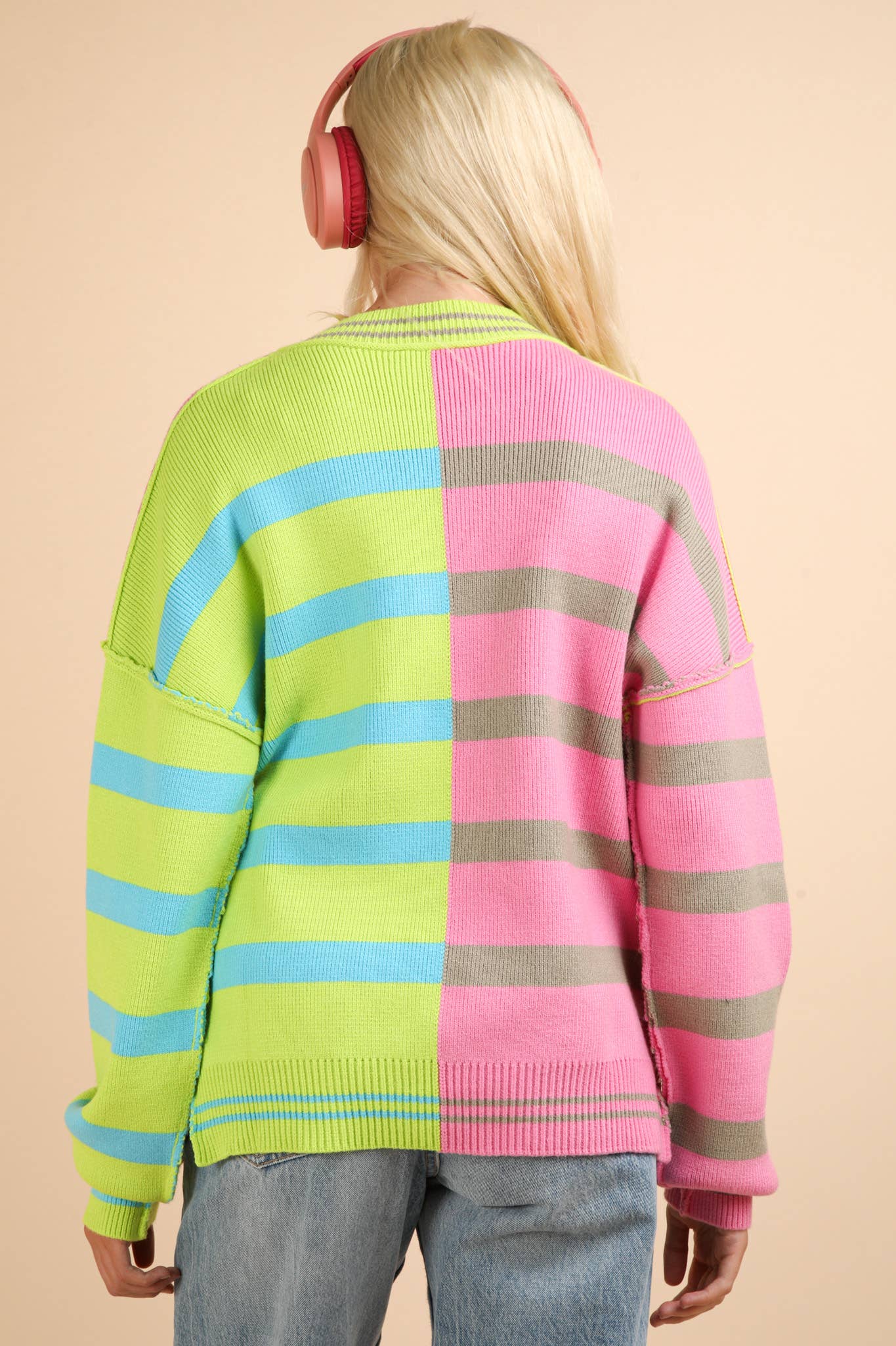12W3185N-Color Block Oversized Striped Knit Sweater Top: ECRU / S-M-L/2-2-2