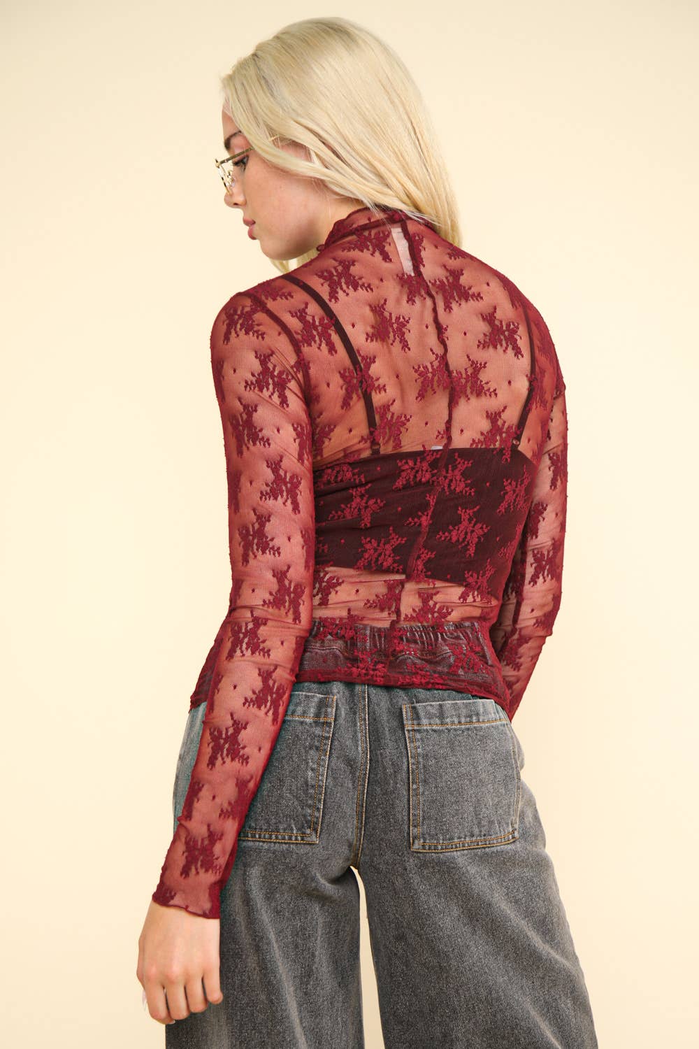 NT11909-High Neck Fitted Sheer Mesh Lace Knit Top: FLORAL BLACK / S-M-L/2-2-2
