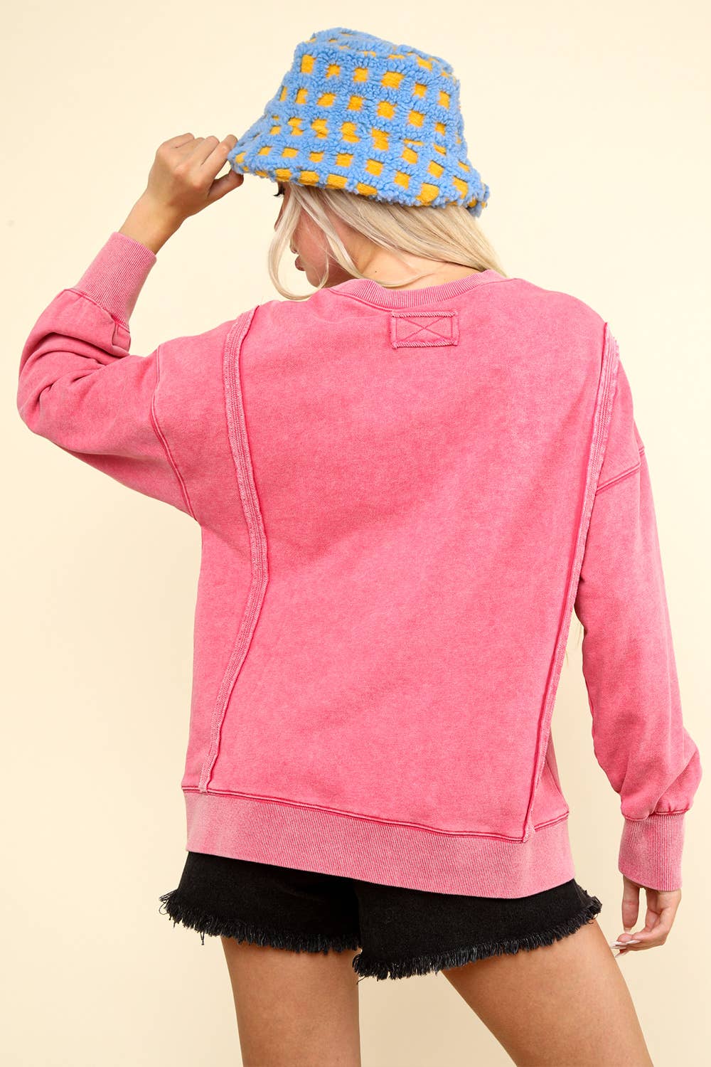 NT11399-Mineral Washed French Terry Oversized Knit Top: Black / S-M-L/2-2-2