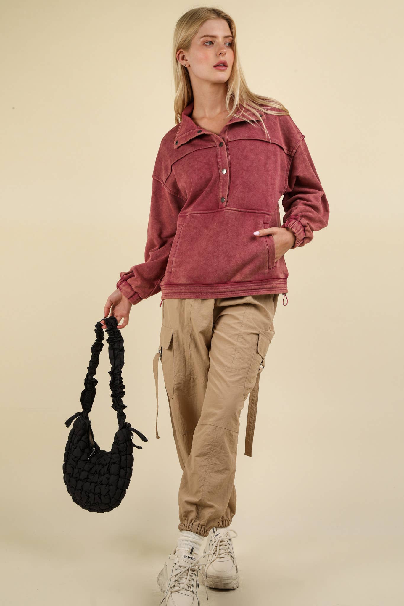 NT11902-Mineral Washed Button Down Knit Sweatshirt Top: DENIM / S-M-L/2-2-2