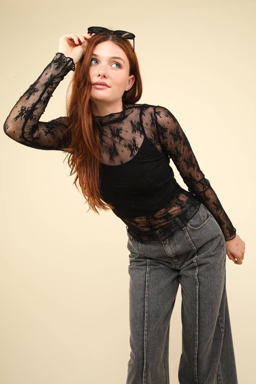 NT11909-High Neck Fitted Sheer Mesh Lace Knit Top: FLORAL BLACK / S-M-L/2-2-2