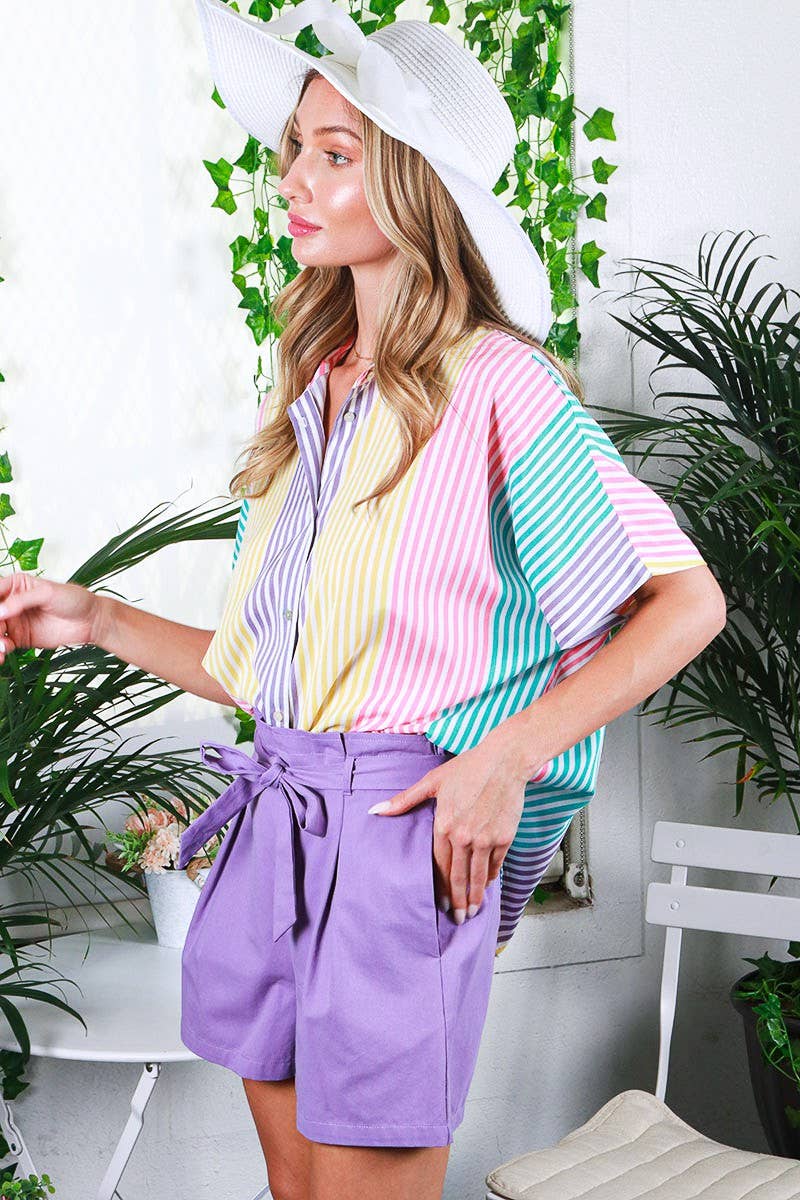 Short sleeve stripe blouse top VT81625A: L / Multi
