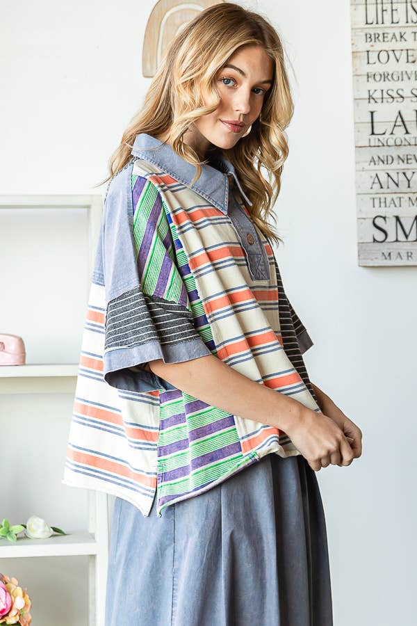 WASHED STRIPE MIX SHORT SLEEVE TOP - JT0415: BLUE / S