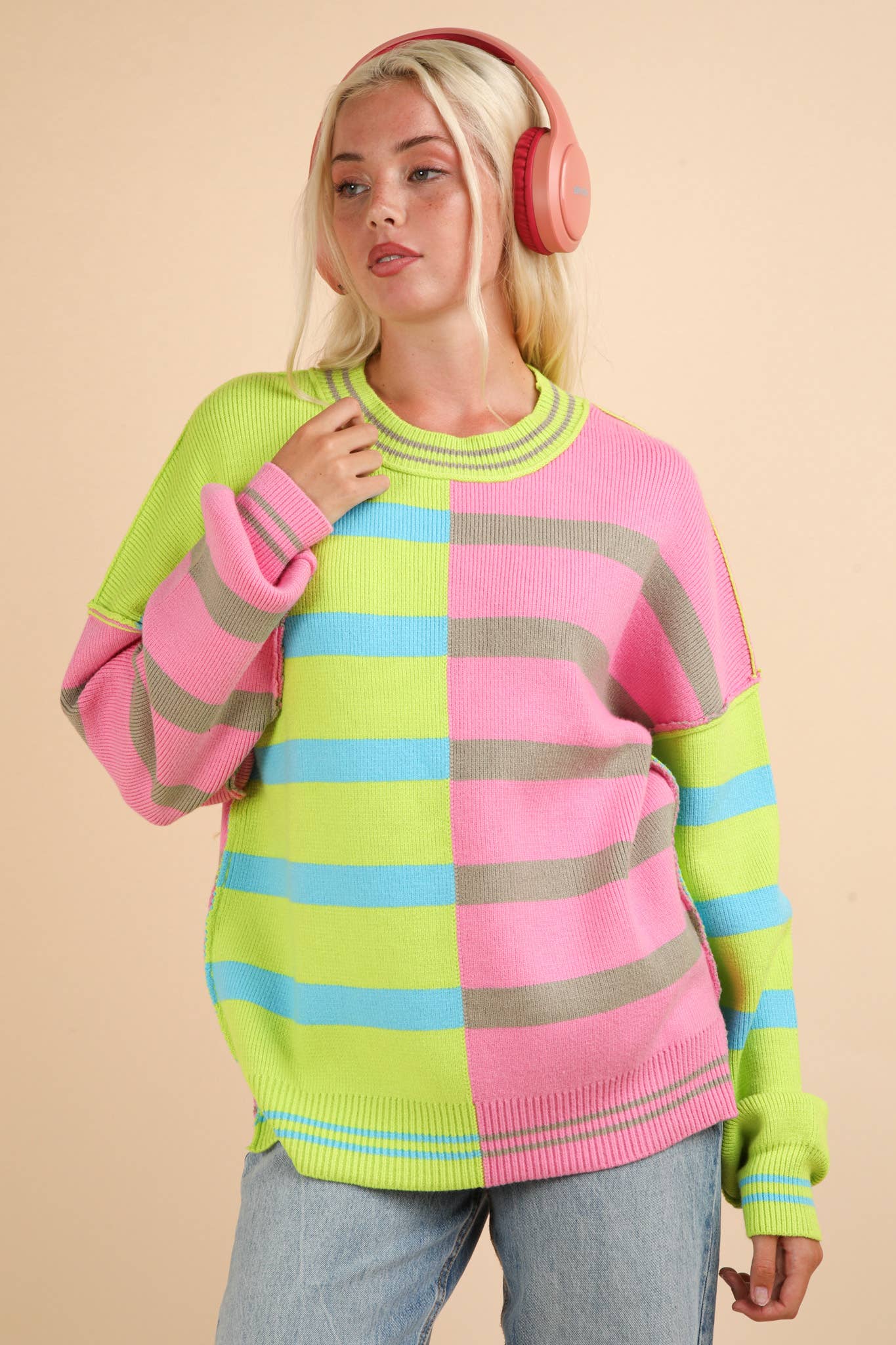 12W3185N-Color Block Oversized Striped Knit Sweater Top: ECRU / S-M-L/2-2-2