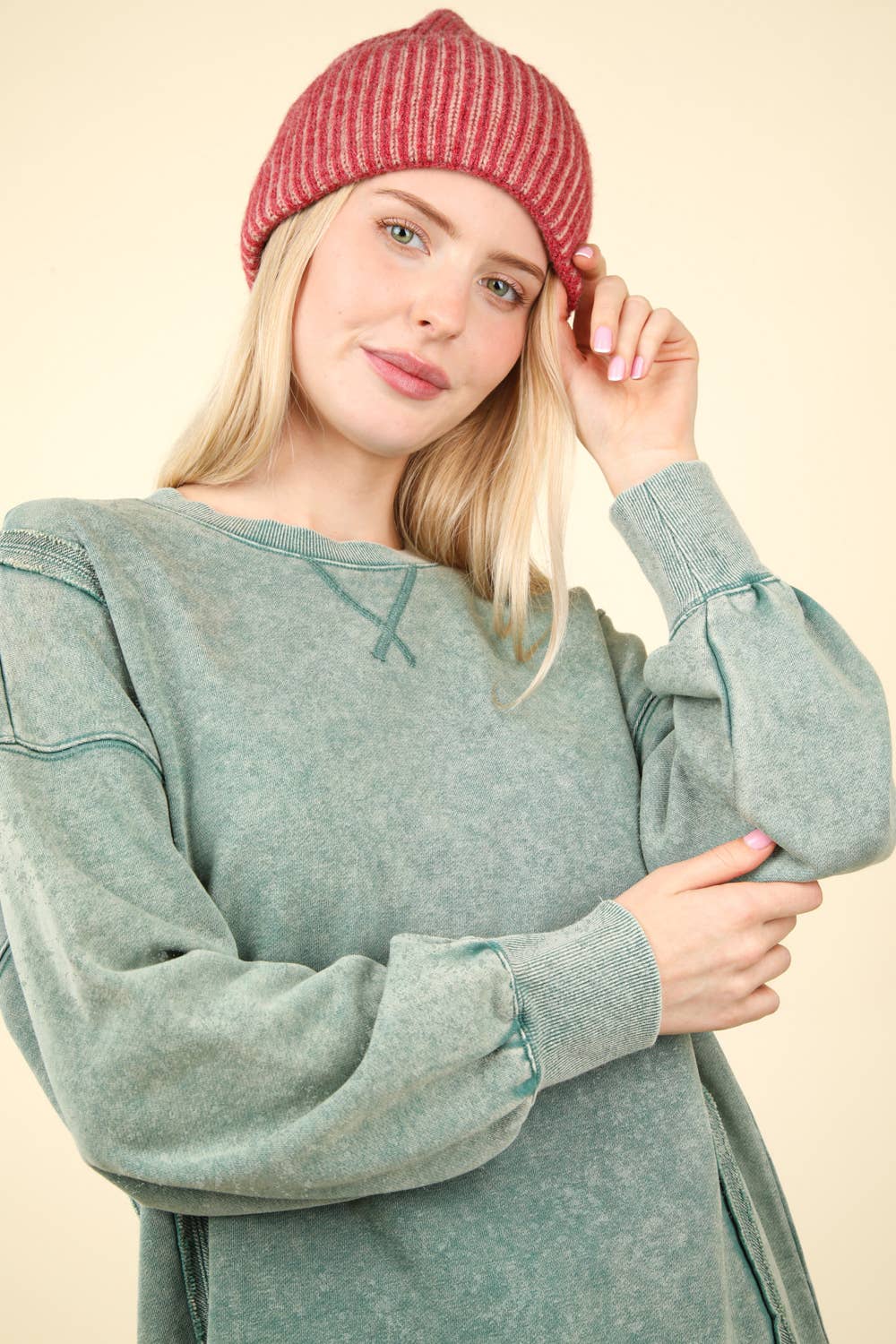 NT11399-Mineral Washed French Terry Oversized Knit Top: Black / S-M-L/2-2-2