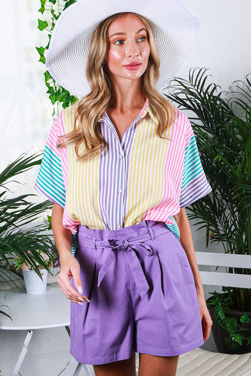 Short sleeve stripe blouse top VT81625A: L / Multi