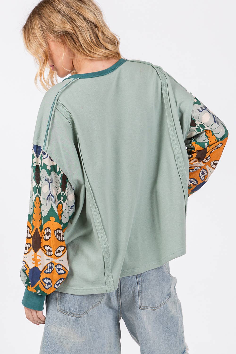 COLOR BLOCK ABSTRACT CONTRAST LONG SLEEVES TOP (ST71045): FALLOW / S-M-L