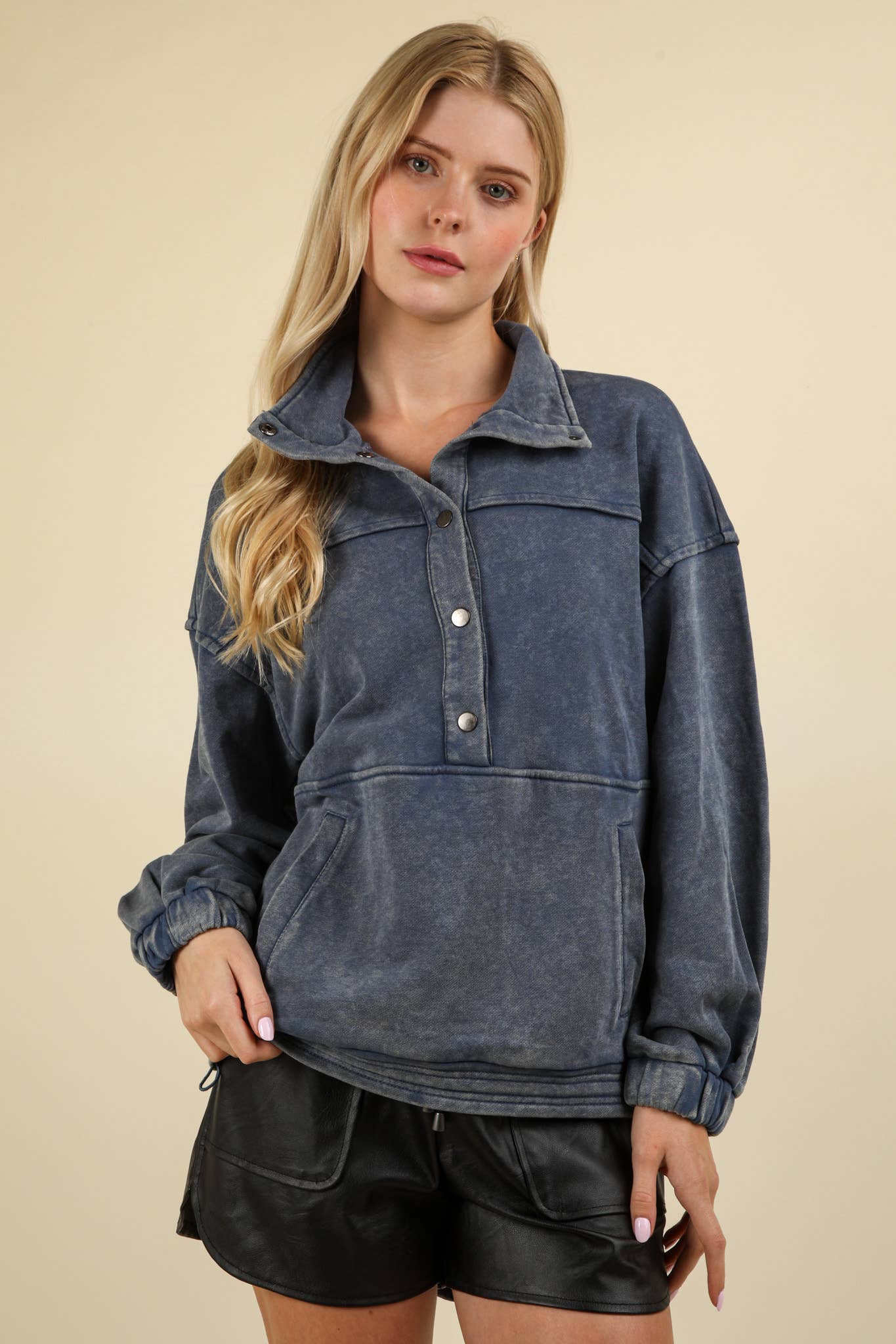 NT11902-Mineral Washed Button Down Knit Sweatshirt Top: DENIM / S-M-L/2-2-2