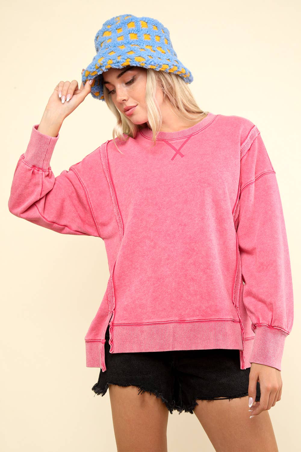NT11399-Mineral Washed French Terry Oversized Knit Top: Black / S-M-L/2-2-2