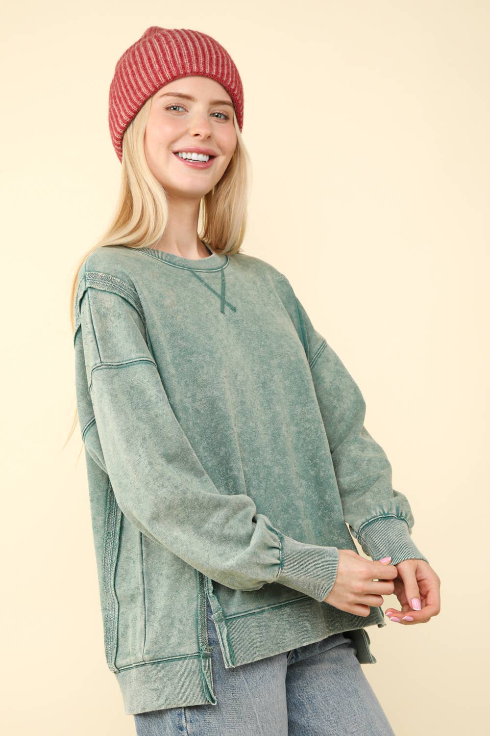 NT11399-Mineral Washed French Terry Oversized Knit Top: Black / S-M-L/2-2-2