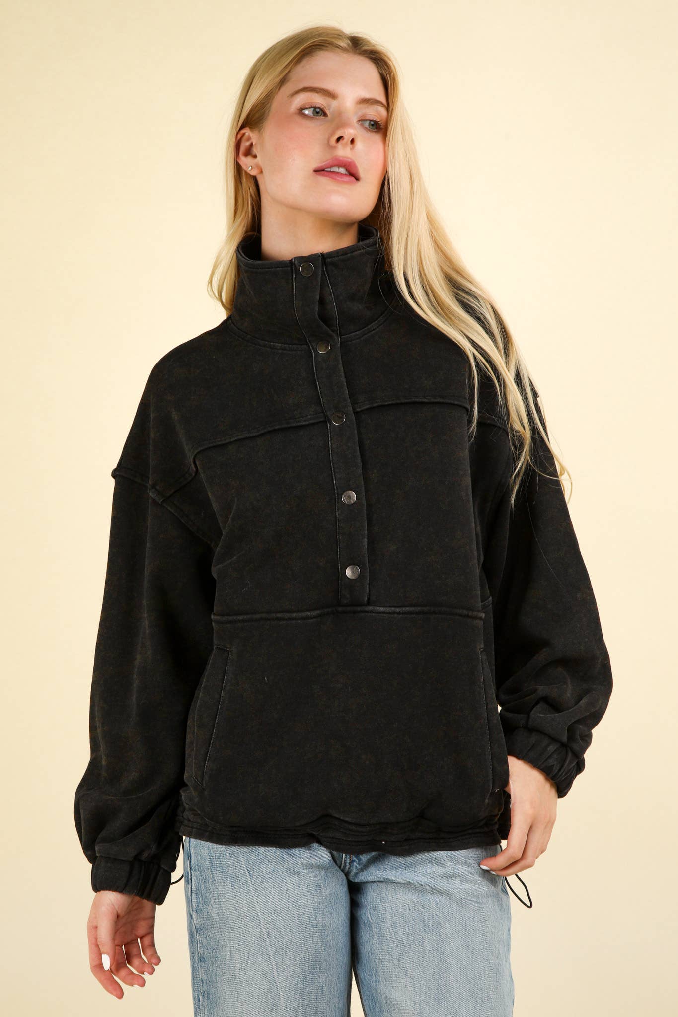 NT11902-Mineral Washed Button Down Knit Sweatshirt Top: DENIM / S-M-L/2-2-2