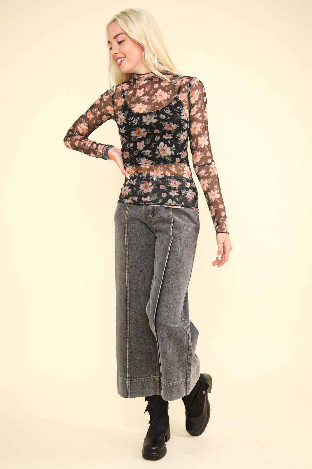 NT11909-High Neck Fitted Sheer Mesh Lace Knit Top: FLORAL BLACK / S-M-L/2-2-2