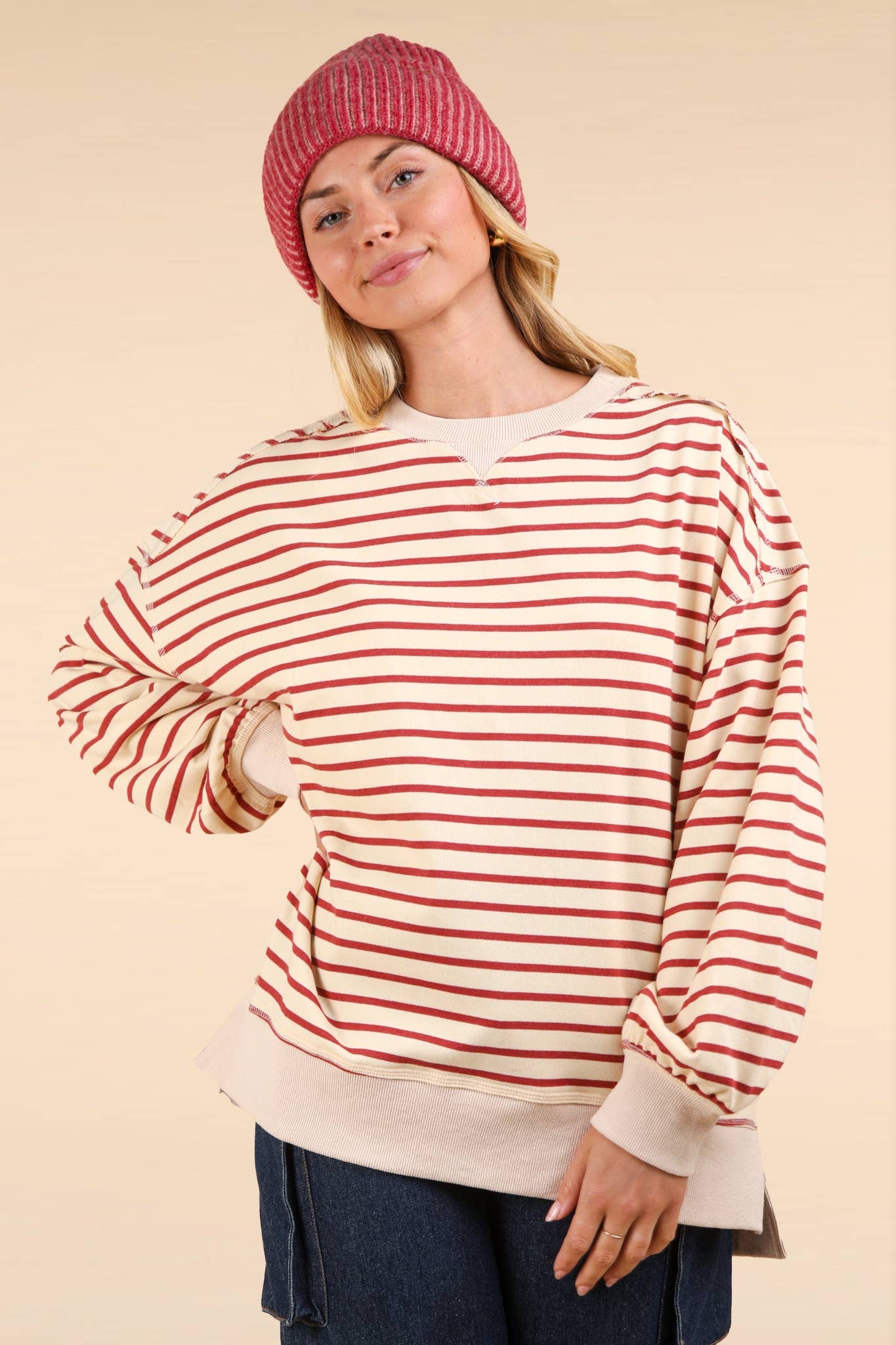 NT11927-Stripe Comfy Casual Oversized Knit Top: BLACK/WHITE / S-M-L/2-2-2
