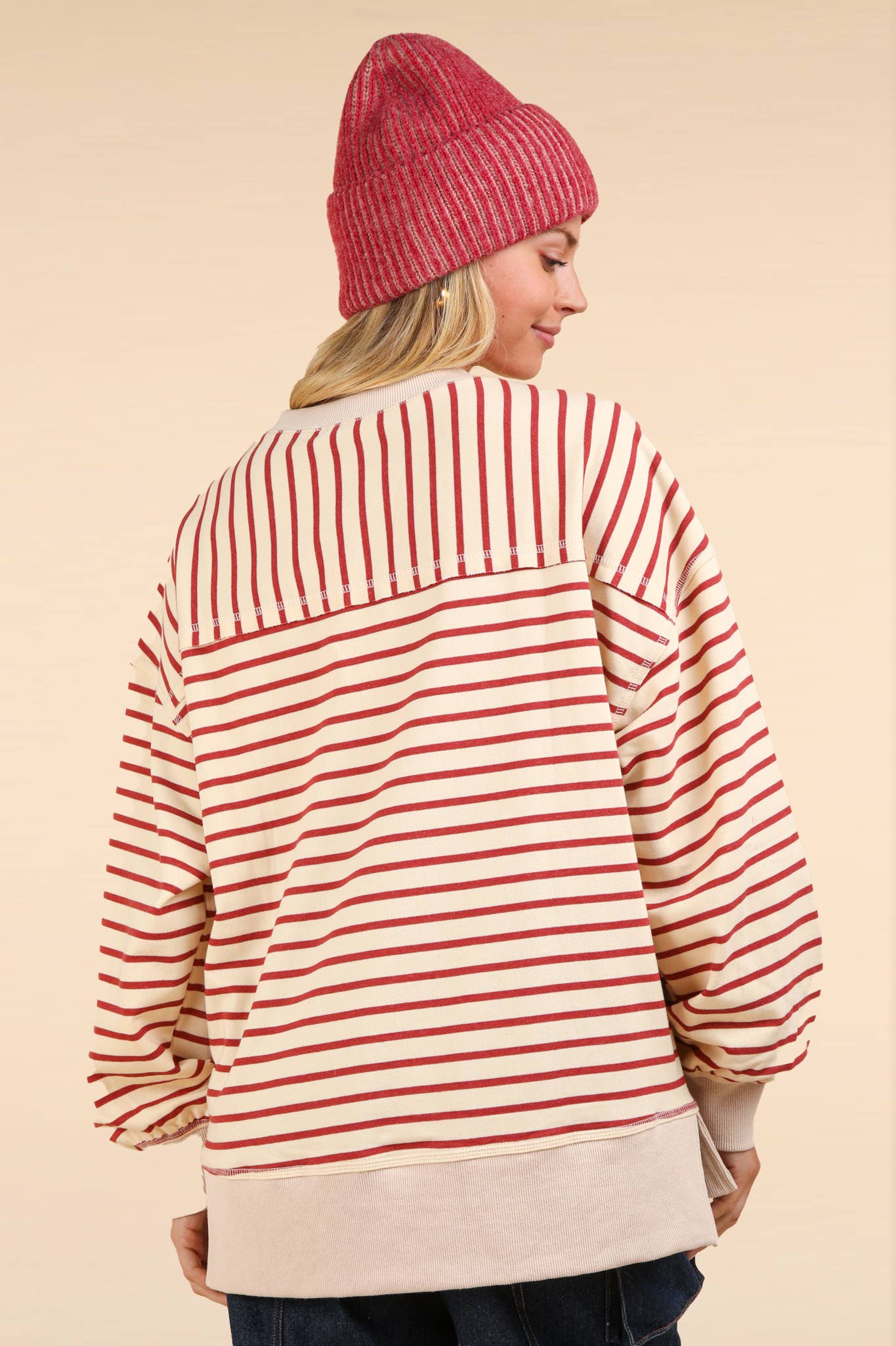 NT11927-Stripe Comfy Casual Oversized Knit Top: BLACK/WHITE / S-M-L/2-2-2