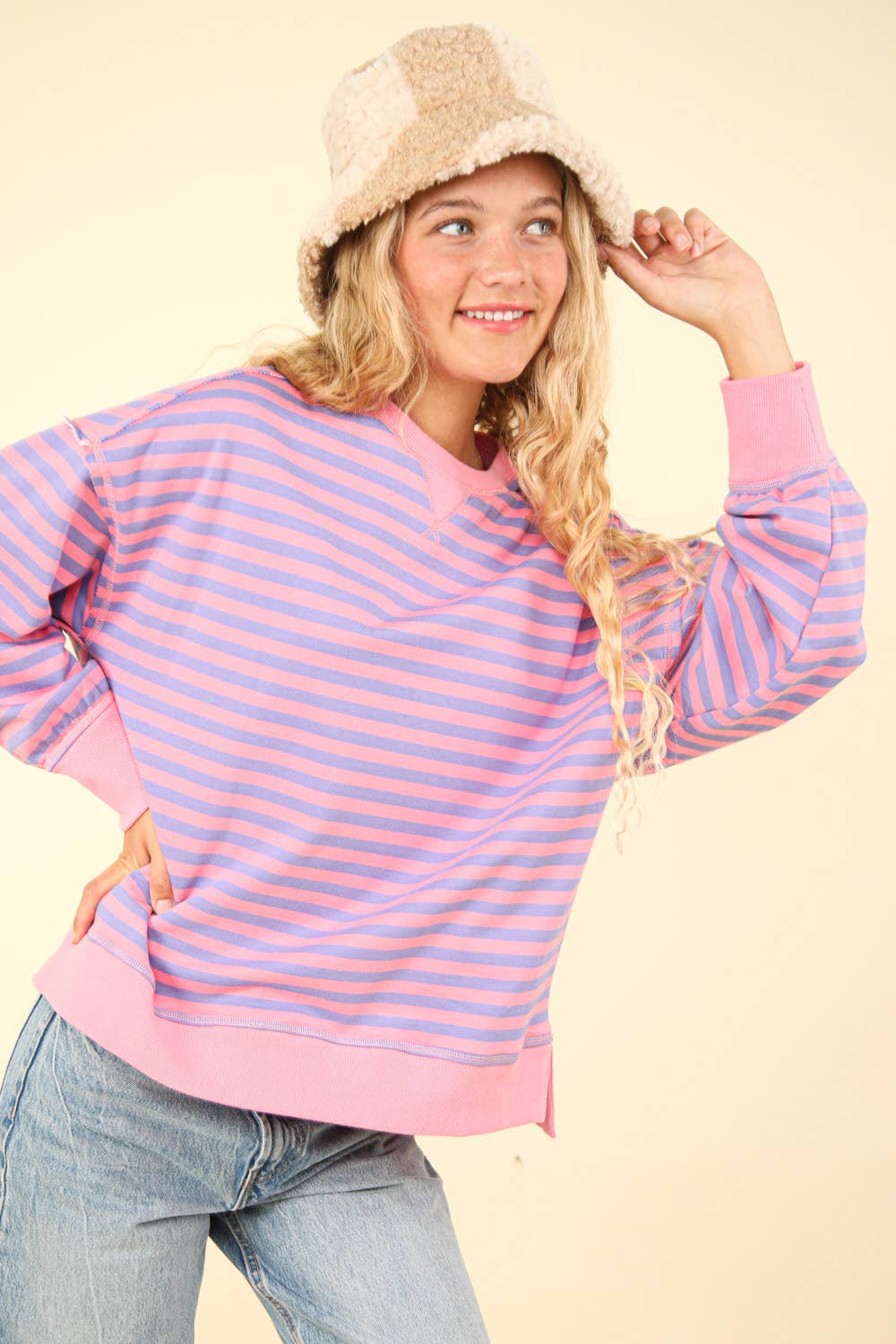 NT11927-Stripe Comfy Casual Oversized Knit Top: BLACK/WHITE / S-M-L/2-2-2