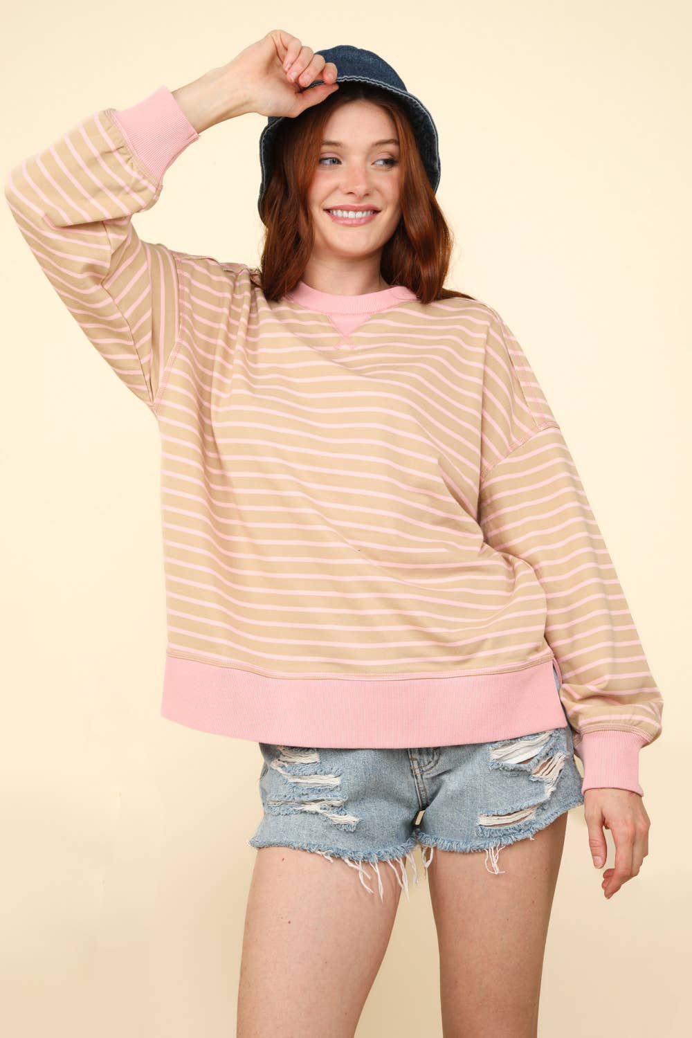 NT11927-Stripe Comfy Casual Oversized Knit Top: PINK/PURPLE / S-M-L/2-2-2
