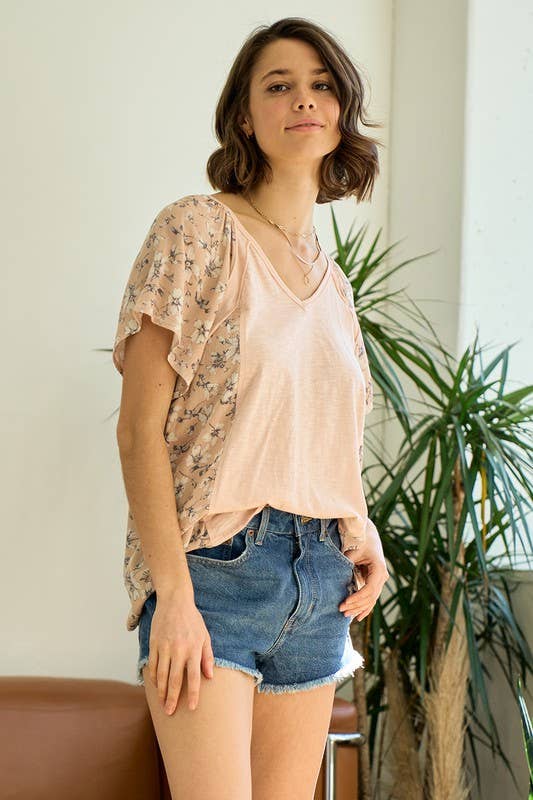 Mixed Media Ruffle Sleeve Top With Raw Edge Seams - 15159T-1: S / Peach Blossom