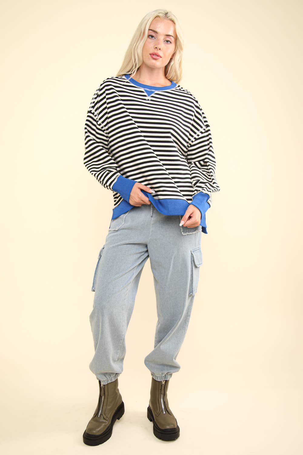 NT11927-Stripe Comfy Casual Oversized Knit Top: BLACK/WHITE / S-M-L/2-2-2
