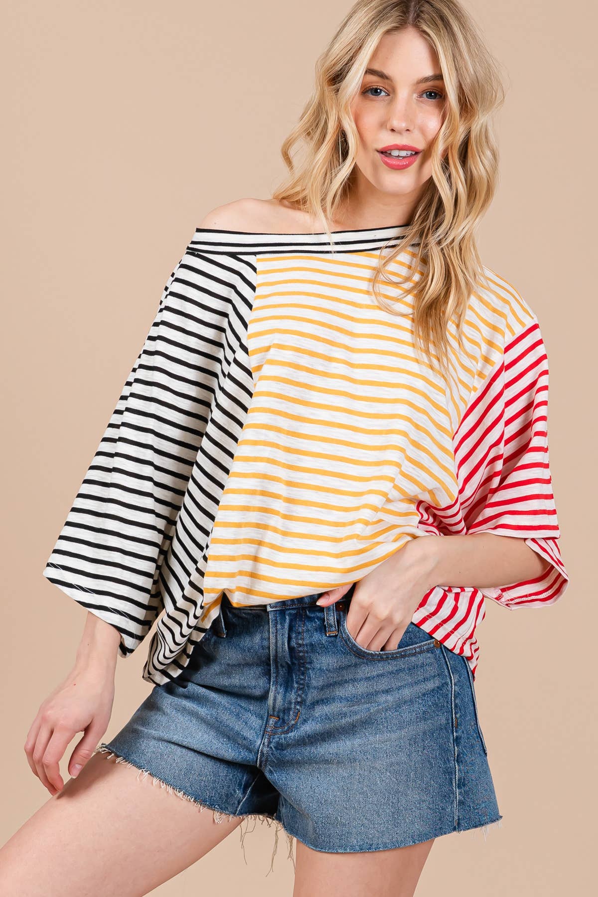 Contrast Striped Short Sleeve Top / TY12950STA : BLACK/YELLOW/RED / S-M-L (2-2-2)