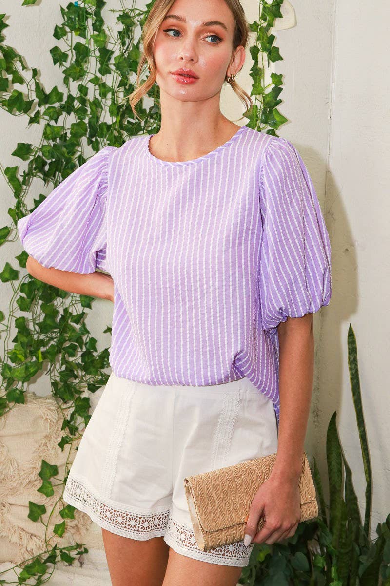 R-neck puff short sleeve stripe seersucker top VT81594A: M / Orange