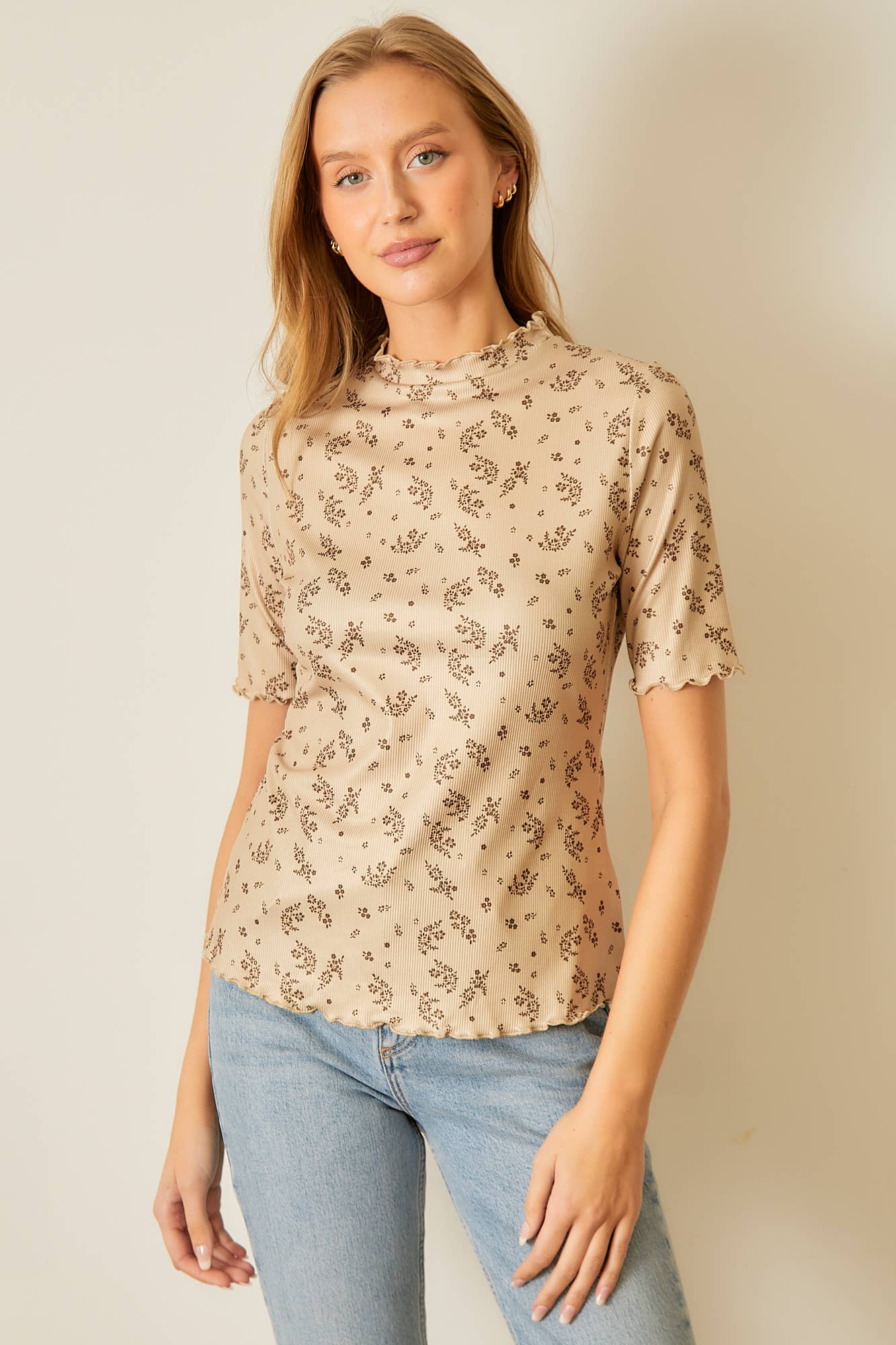 FLORAL PRINTED RIB KNIT LETTUCE EDGE TOP: IVORY / L