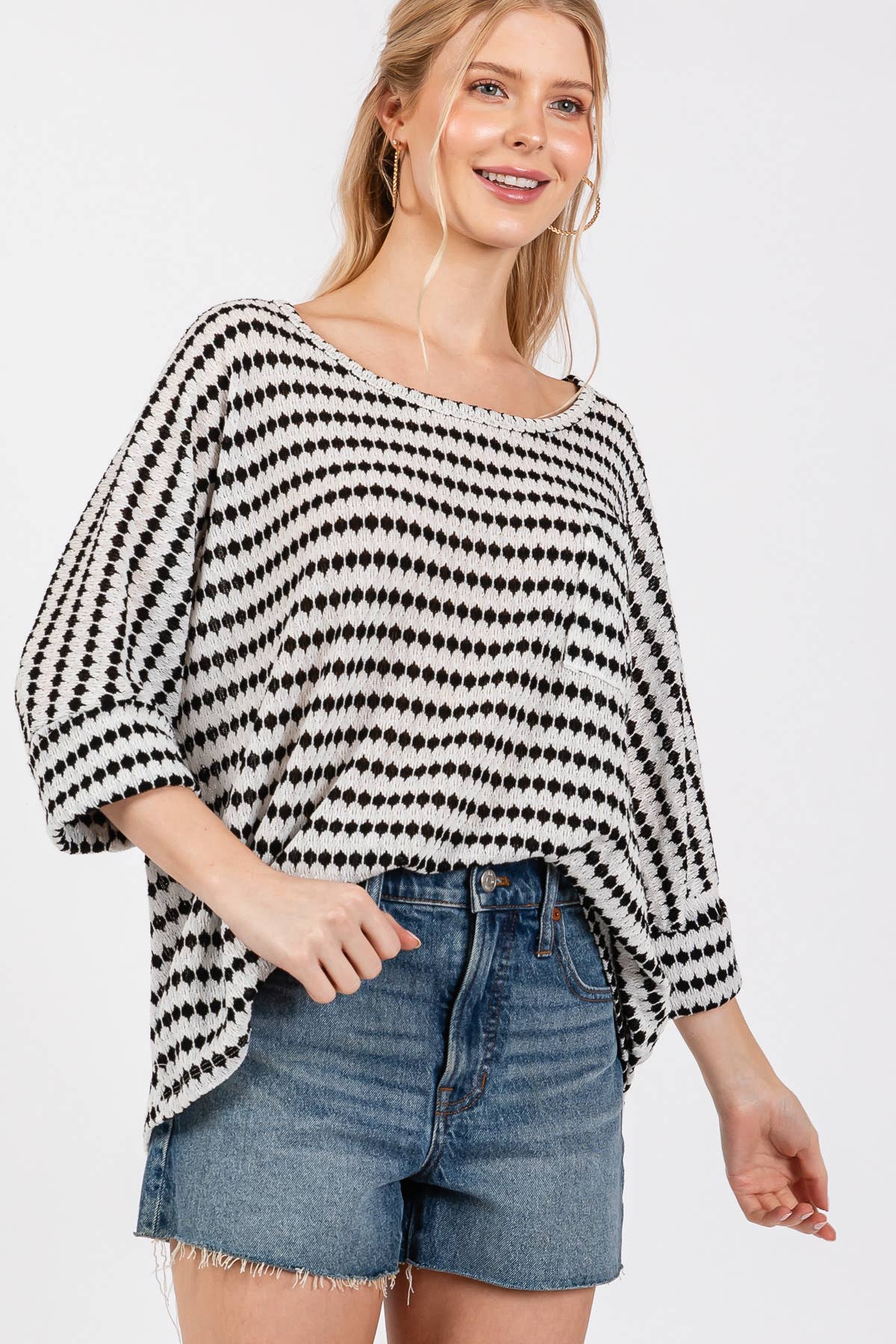 Knit Striped Round Neckline Top / TY12894SB: BLACK / S-M-L-XL (2-2-2-2)