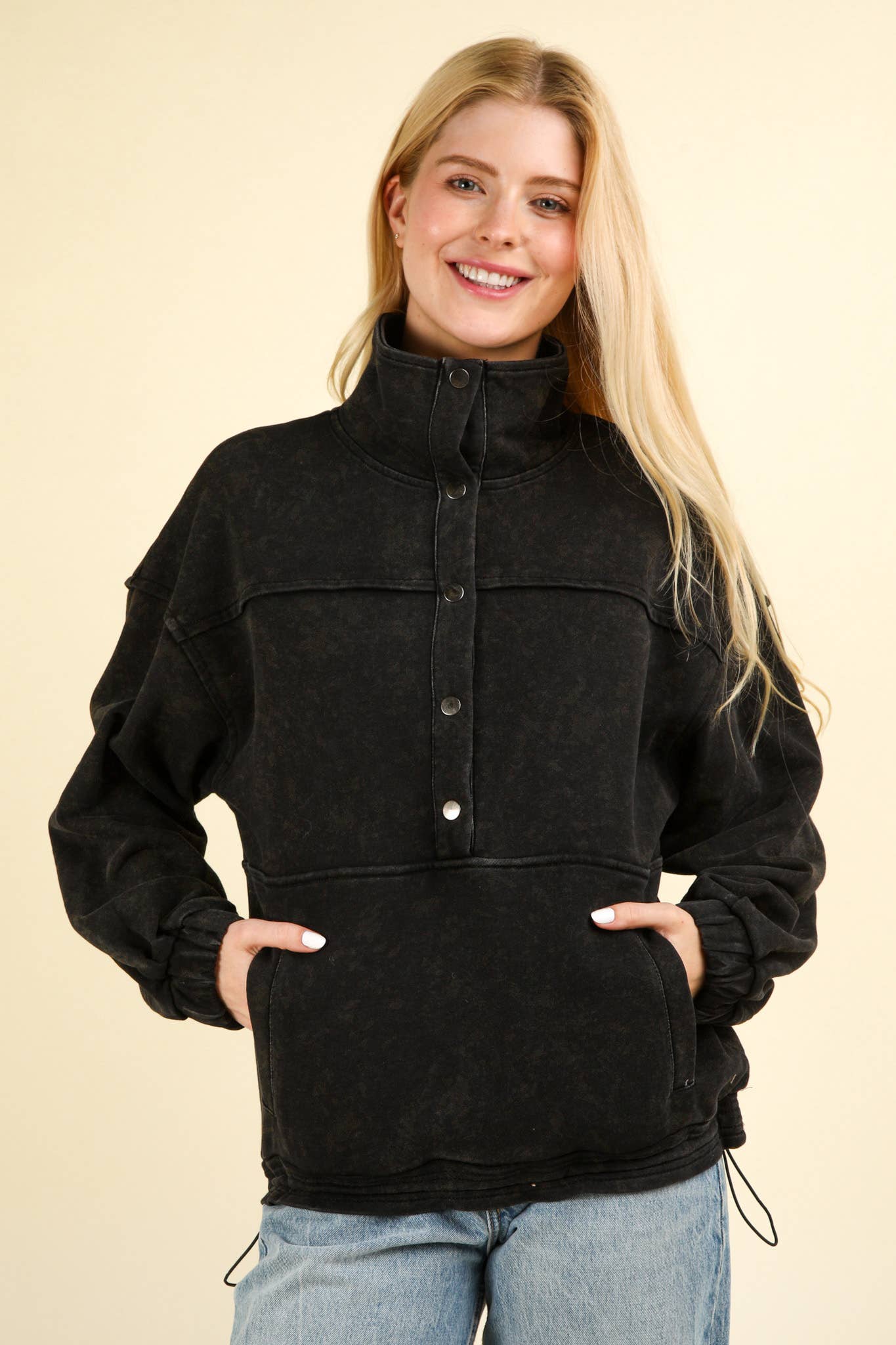 NT11902-Mineral Washed Button Down Knit Sweatshirt Top: DENIM / S-M-L/2-2-2