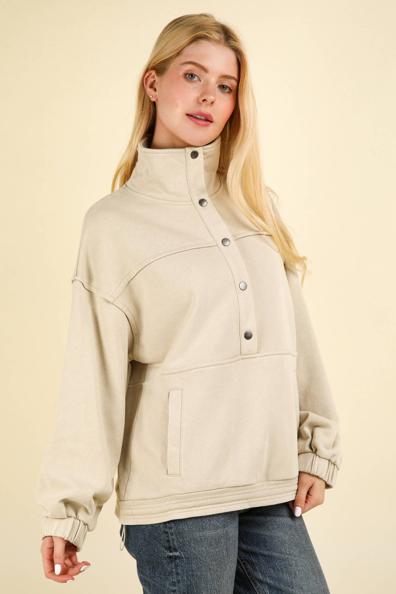 NT11902-Mineral Washed Button Down Knit Sweatshirt Top: DENIM / S-M-L/2-2-2