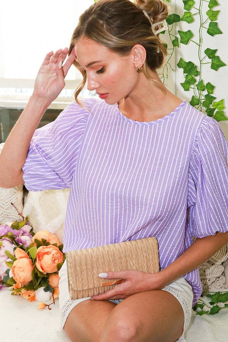 R-neck puff short sleeve stripe seersucker top VT81594A: L / Orange