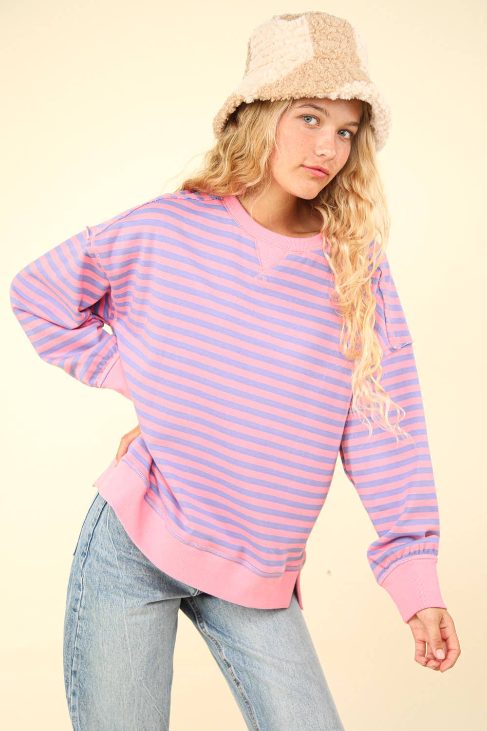 NT11927-Stripe Comfy Casual Oversized Knit Top: BLACK/WHITE / S-M-L/2-2-2