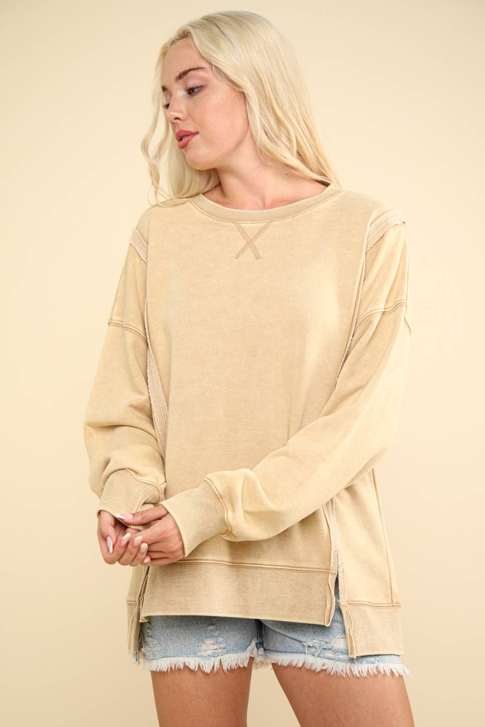 NT11399-Mineral Washed French Terry Oversized Knit Top: Black / S-M-L/2-2-2