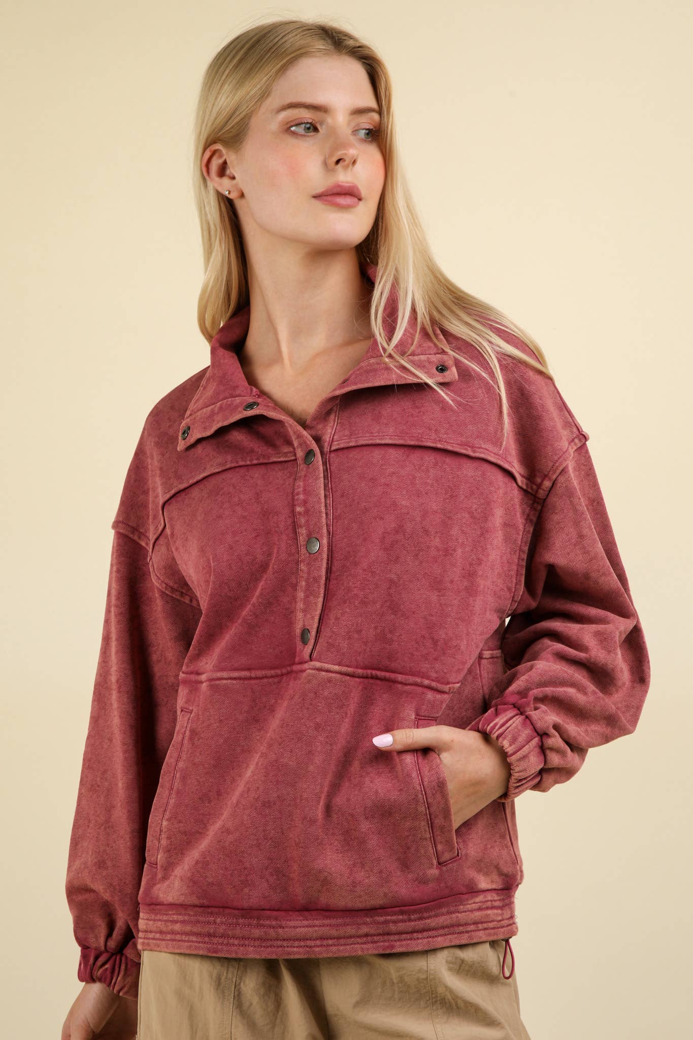 NT11902-Mineral Washed Button Down Knit Sweatshirt Top: DENIM / S-M-L/2-2-2