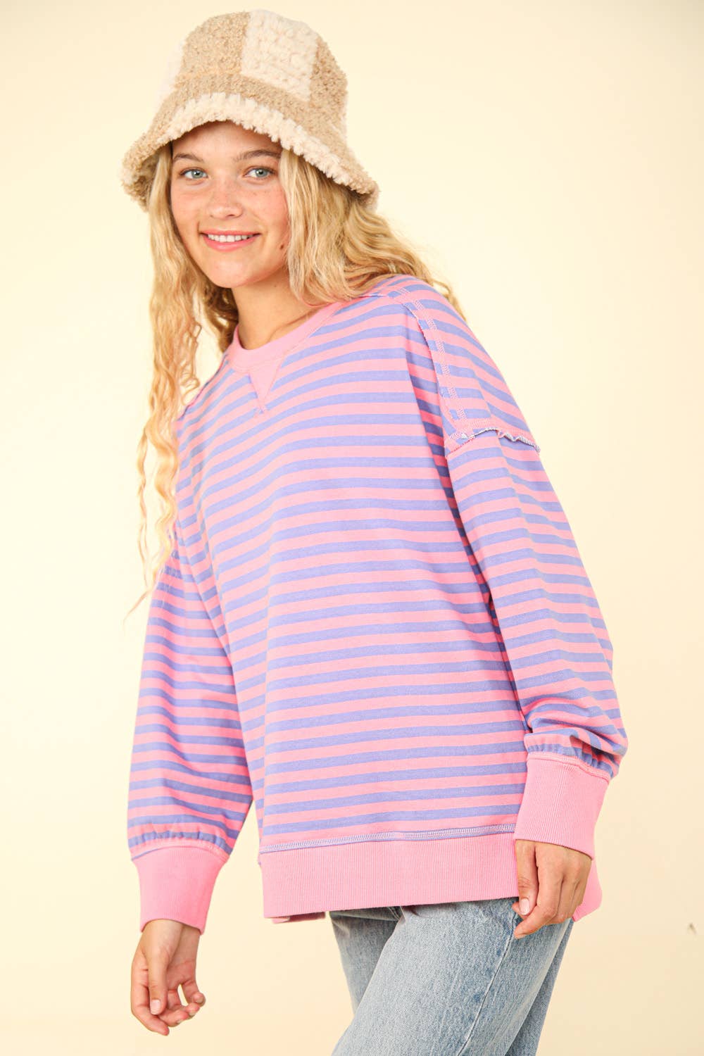 NT11927-Stripe Comfy Casual Oversized Knit Top: BLACK/WHITE / S-M-L/2-2-2