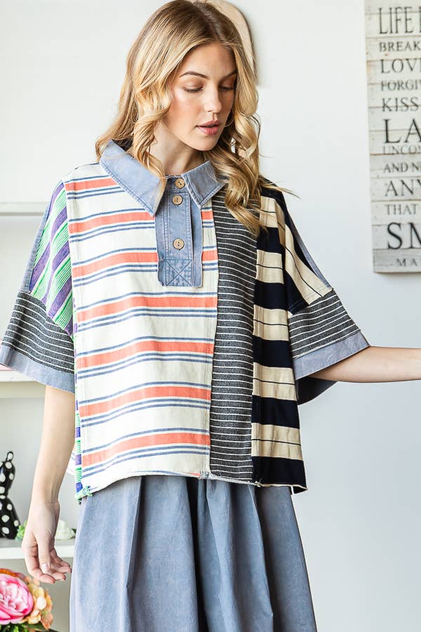 WASHED STRIPE MIX SHORT SLEEVE TOP - JT0415: BLUE / S