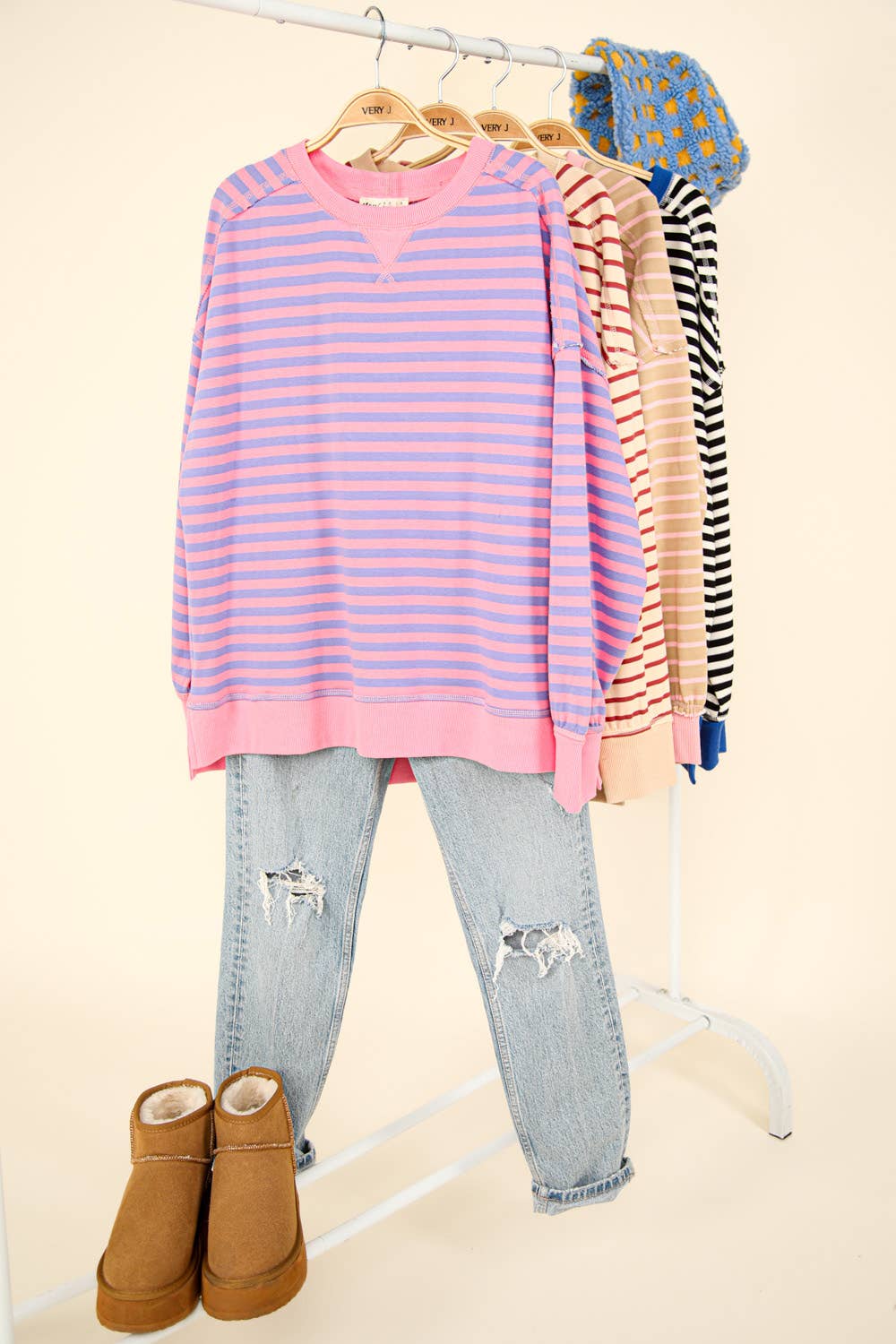 NT11927-Stripe Comfy Casual Oversized Knit Top: BLACK/WHITE / S-M-L/2-2-2