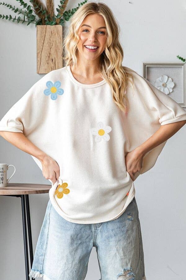 Western Crochet Floral Patch Oversized Top- HT12451 : Blue / L