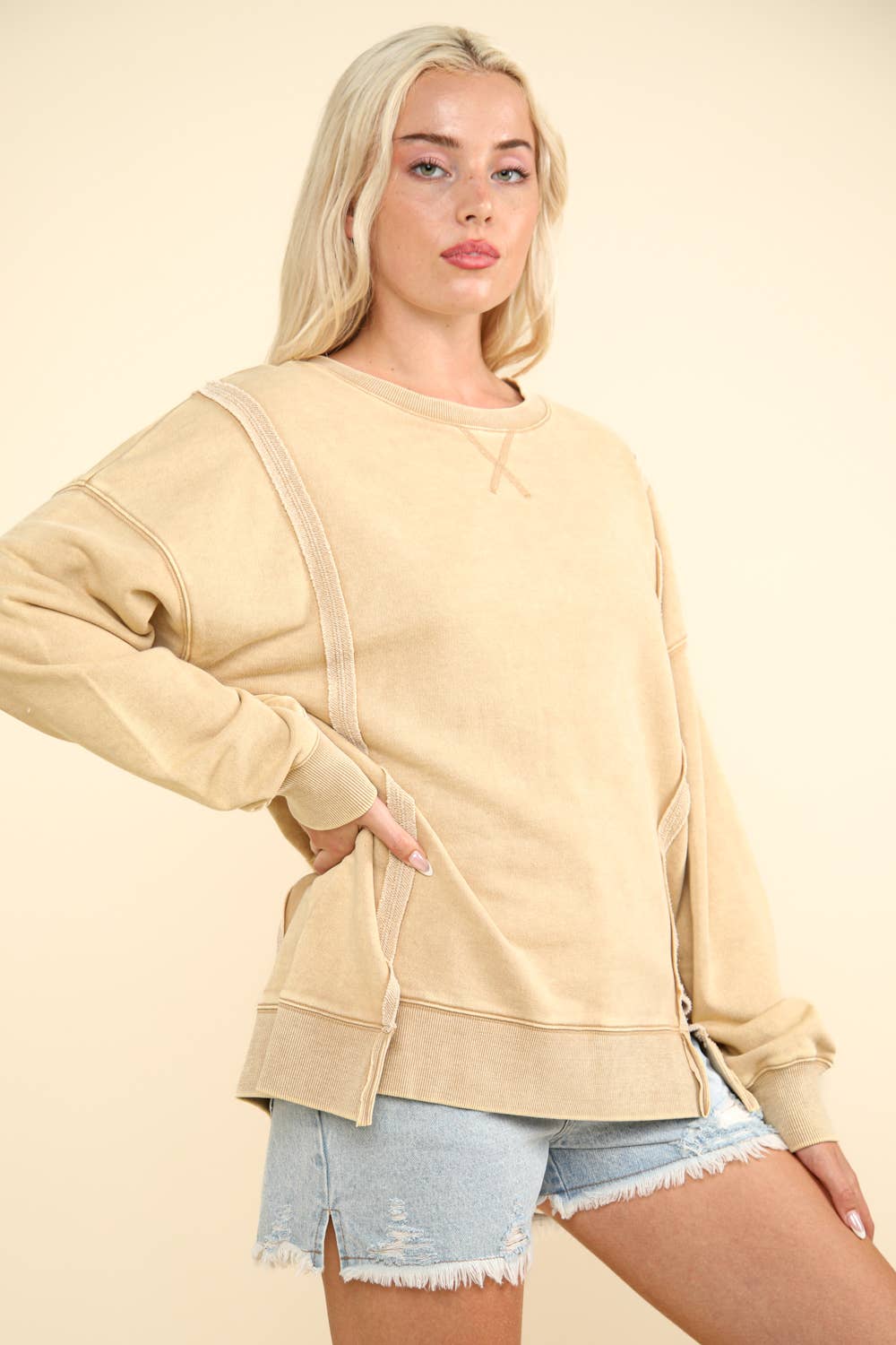 NT11399-Mineral Washed French Terry Oversized Knit Top: Black / S-M-L/2-2-2