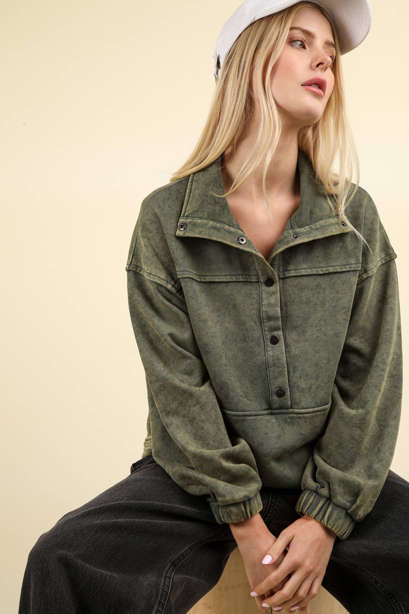 NT11902-Mineral Washed Button Down Knit Sweatshirt Top: DENIM / S-M-L/2-2-2