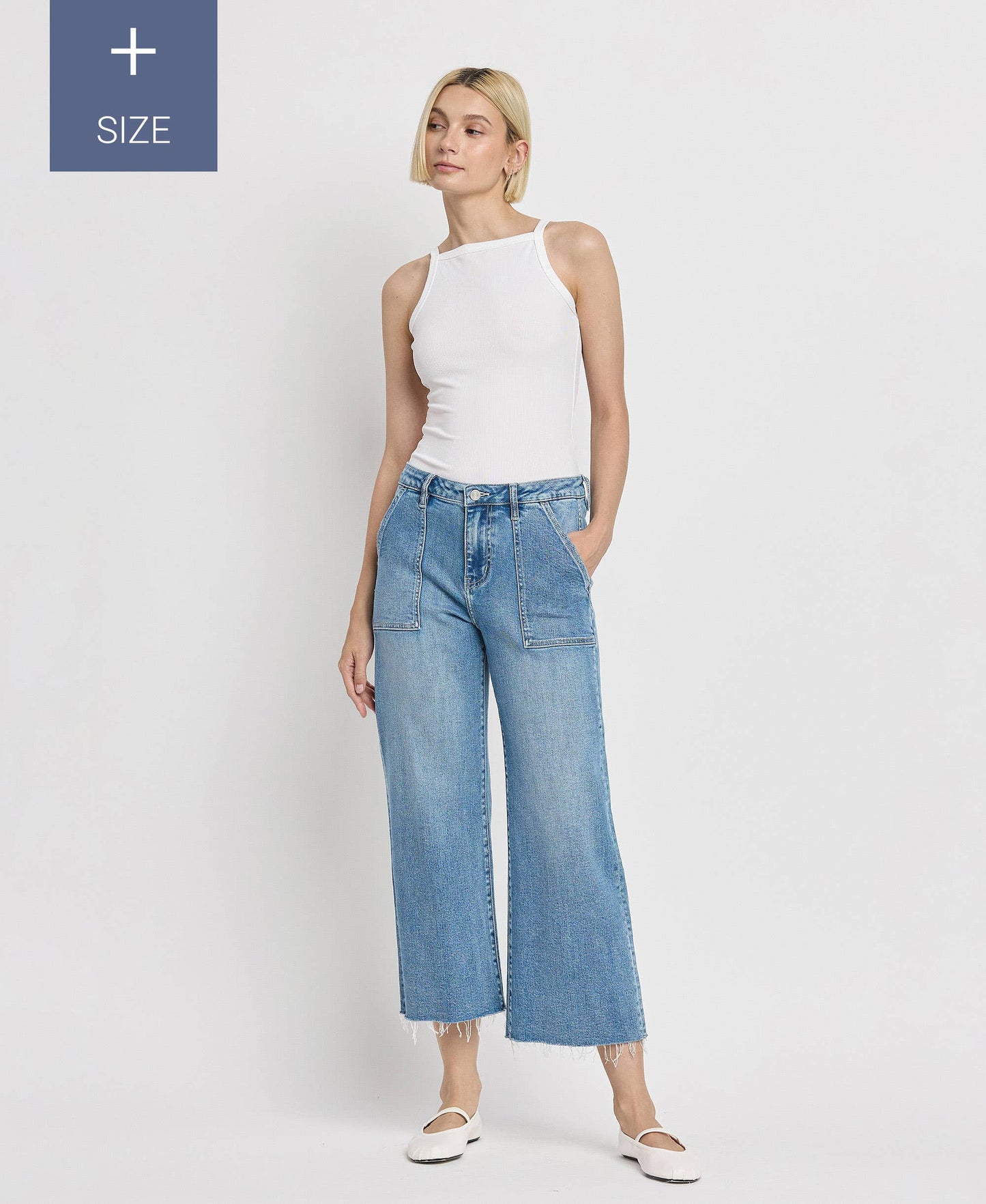 PLUS SIZE HIGH RISE CROP CARPENTER WIDE JEANS LV1439-P: SOLICITOUS / 18