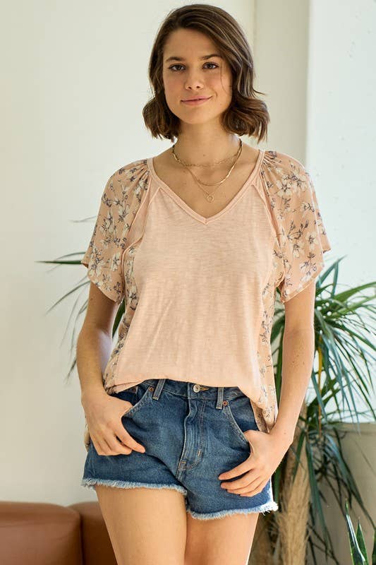 Mixed Media Ruffle Sleeve Top With Raw Edge Seams - 15159T-1: S / Peach Blossom