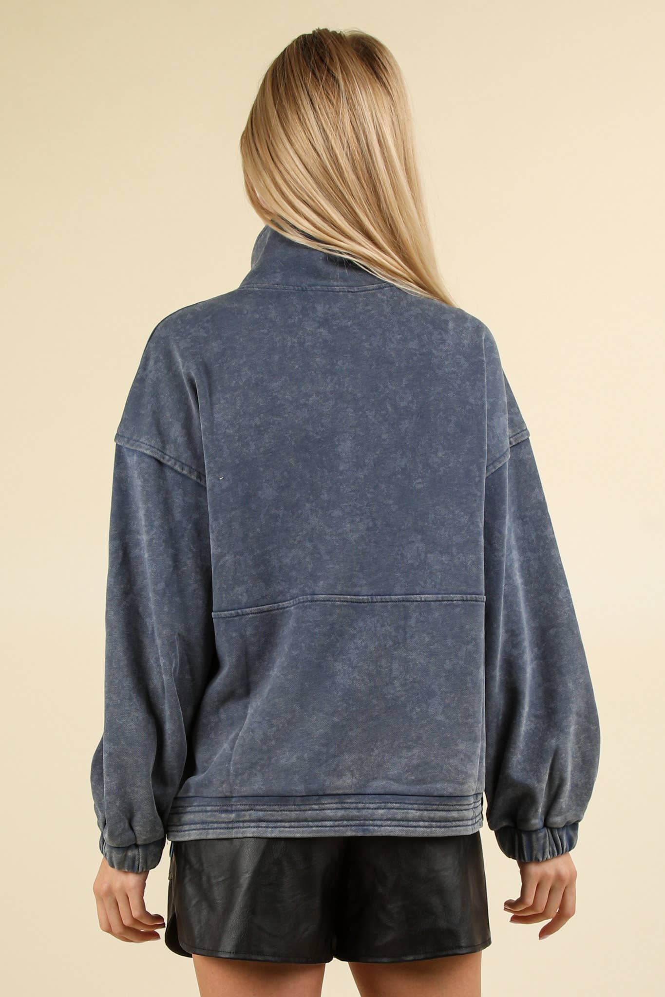 NT11902-Mineral Washed Button Down Knit Sweatshirt Top: DENIM / S-M-L/2-2-2