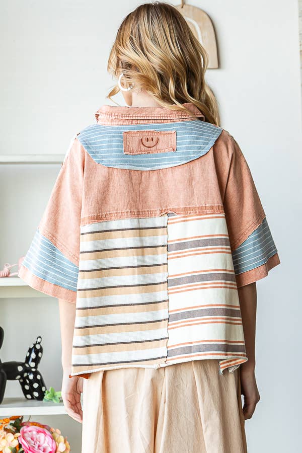 WASHED STRIPE MIX SHORT SLEEVE TOP - JT0415: BLUE / S