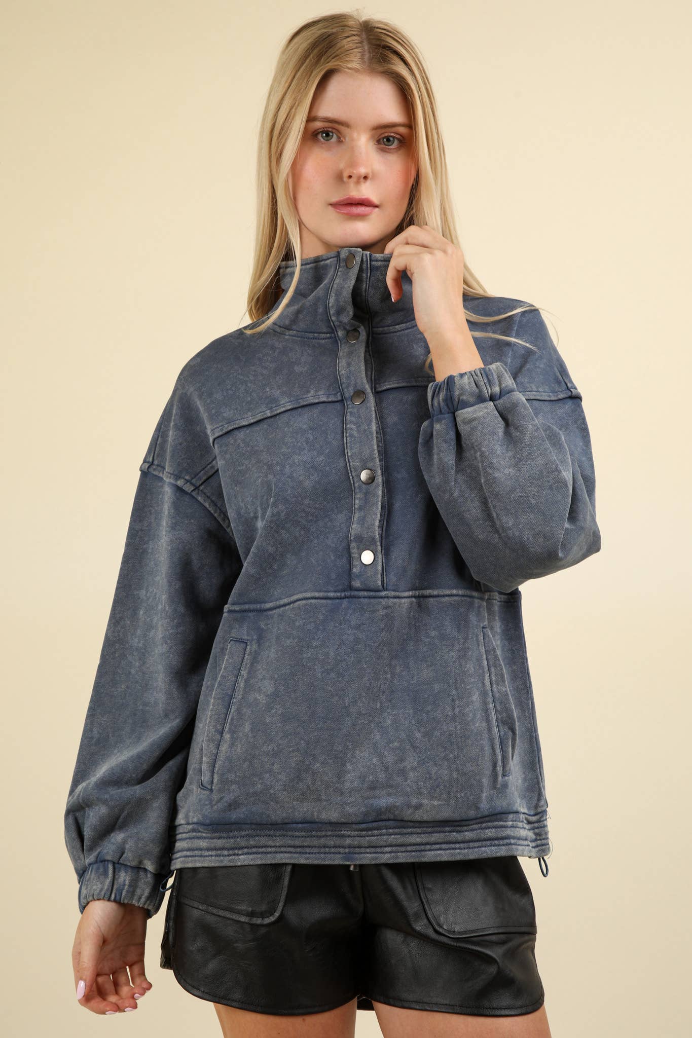 NT11902-Mineral Washed Button Down Knit Sweatshirt Top: DENIM / S-M-L/2-2-2