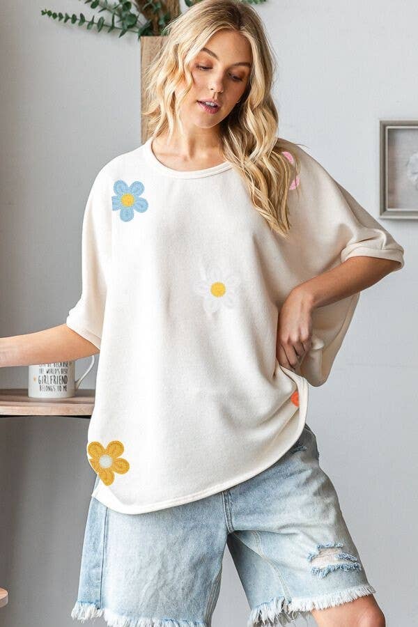 Western Crochet Floral Patch Oversized Top- HT12451 : Blue / L