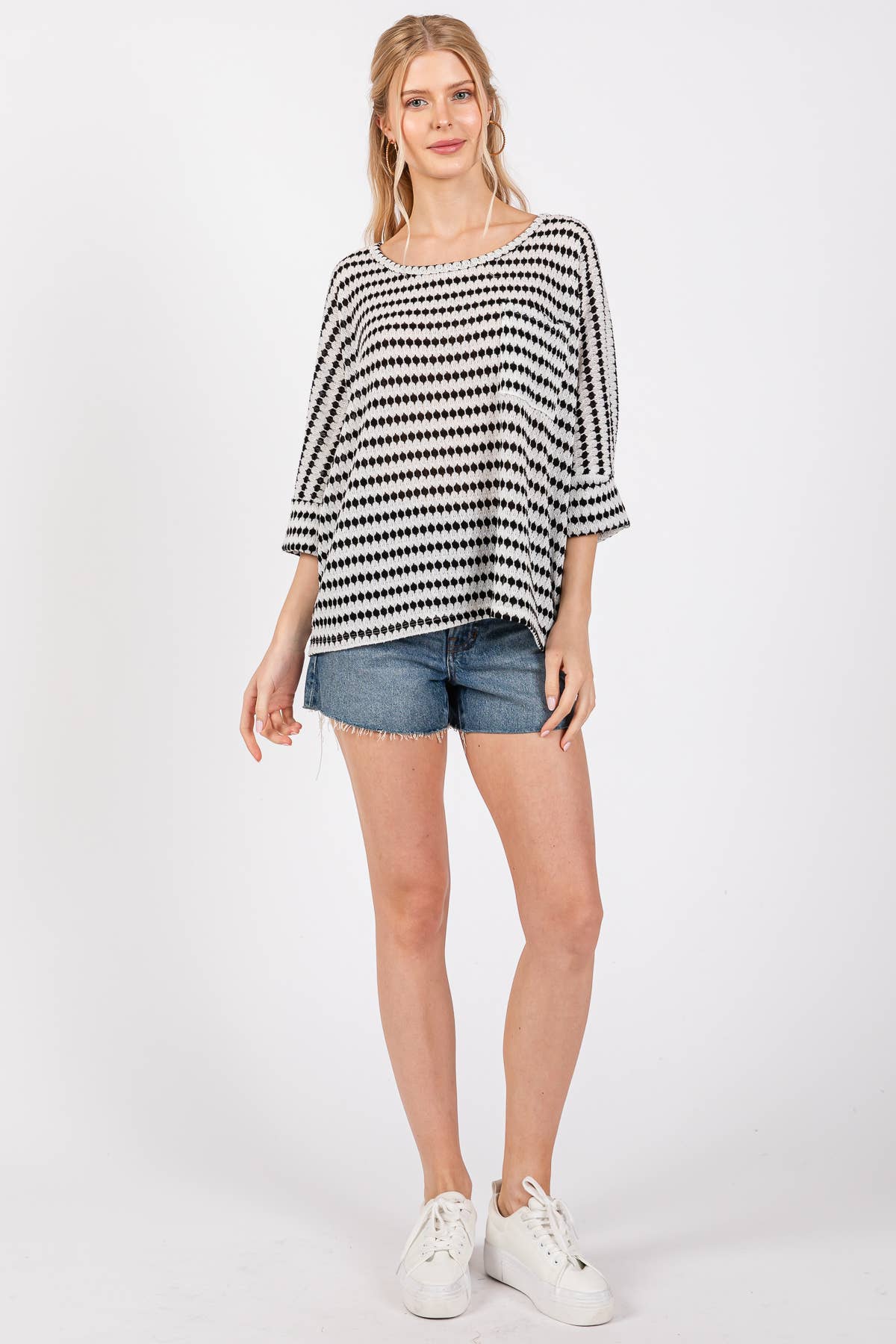 Knit Striped Round Neckline Top / TY12894SB: BLACK / S-M-L-XL (2-2-2-2)